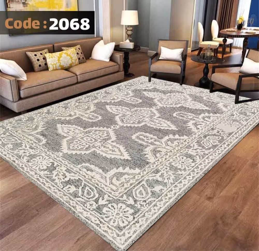 کاورفرش روفرشی دورکشدار گوشه لیفه ای طوسی کرم کد 2068