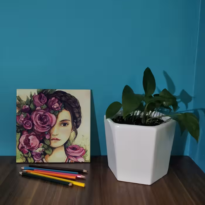 کاشی کارنیلا طرح دختر و گلهای رز مدل لوحی کد WKB810 