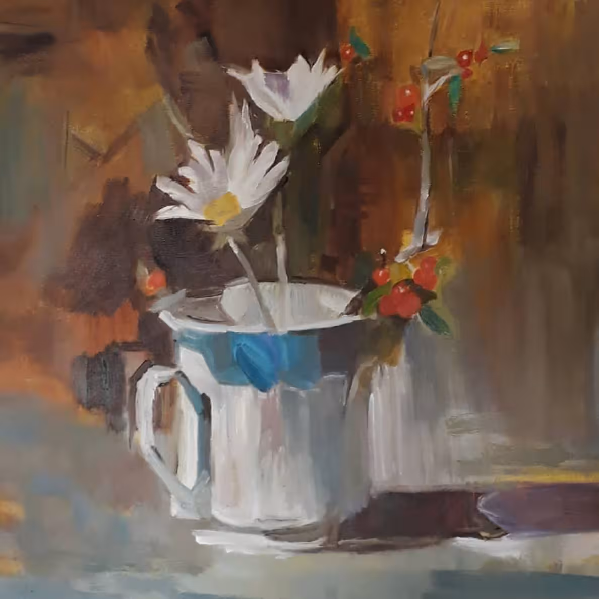 تابلو نقاشی رنگ روغن فنجان و گل