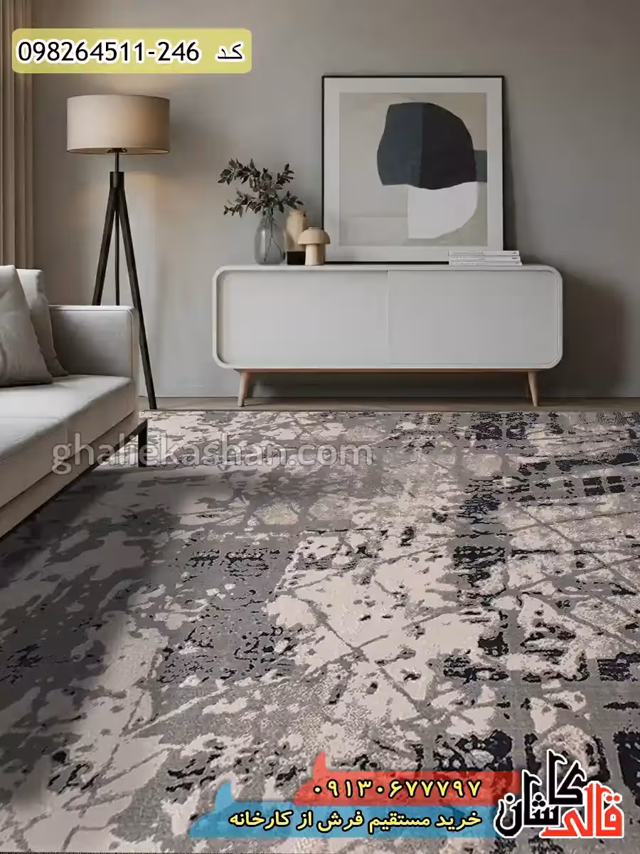 فرش مدرن و فانتزی وینتیج طرح خط خطی سیمره زمینه طوسی کاشان – گل برجسته