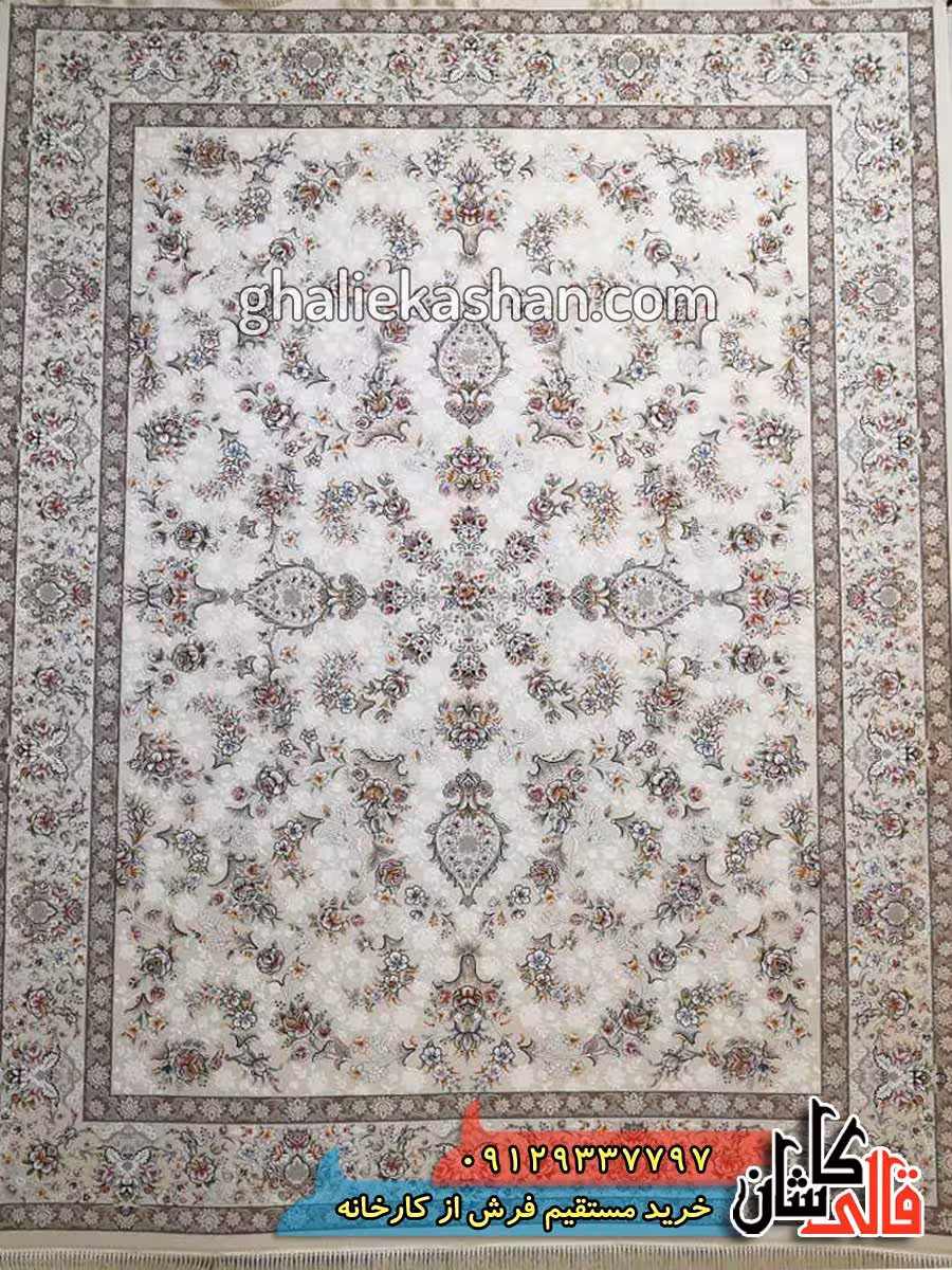 فرش 700 شانه طرح آیناز زمینه کرم کاشان – گل برجسته