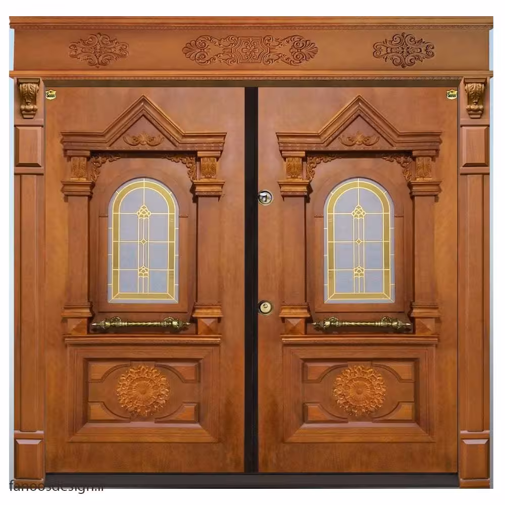 درب ضد سرقت طرح کلاسیک با منبت و روکوب دو لنگه برجسته ورودی لابی کد 1458