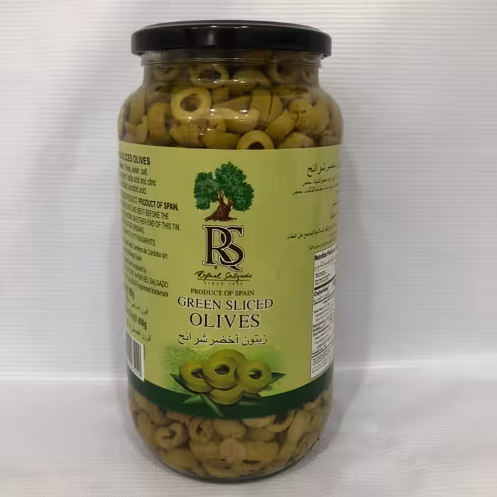 زیتون سبز اسلایس شده بدون هسته برند RS 900 گرمی