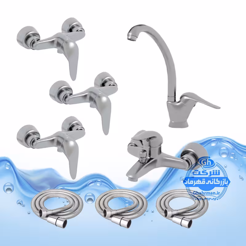 ست 8 عددی شیرآلات برند آیدا صنعت مدل قهرمان اردکی | شیر ظرفشویی   حمام   سه عدد توالت   سه شلنگ توالت | کروم مات