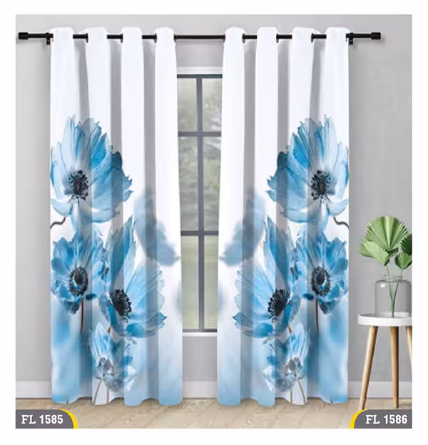 پرده پانچی گلدار آبی کد FL1586
