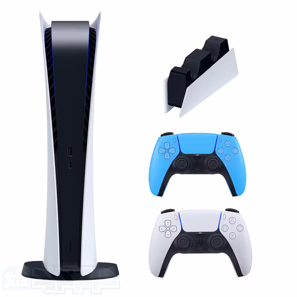 پلی استیشن 5 دیجیتال با دسته آبی و پایه شارژر