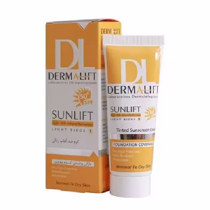 ضدآفتاب درمالیفت SPF50 رنگ بژ روشن 1 مناسب پوست نرمال تا خشک حجم 40 میلی لیتر