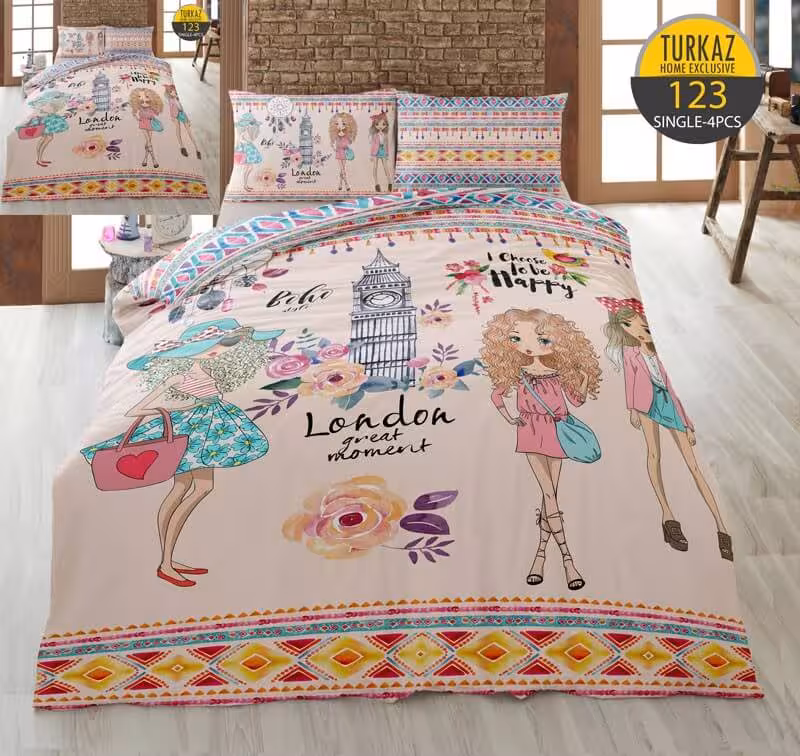 سرویس لحاف روتختی مدل فشن برند Turkaz یک نفره 4 تکه طرح 123