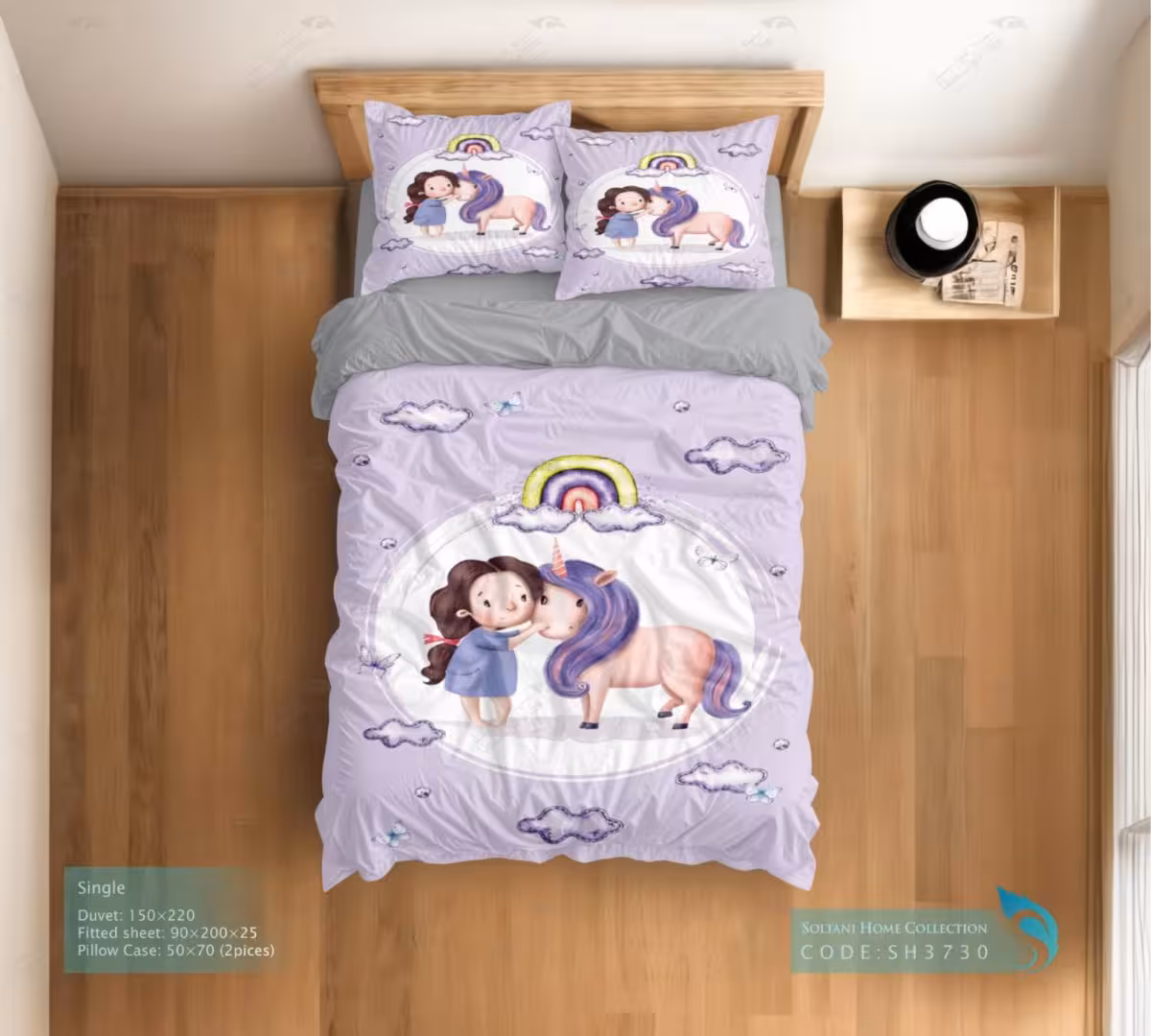 روتختی و ست کامل طرح دختر کوچولو و تکشاخ سایز یکنفره کد SH3730