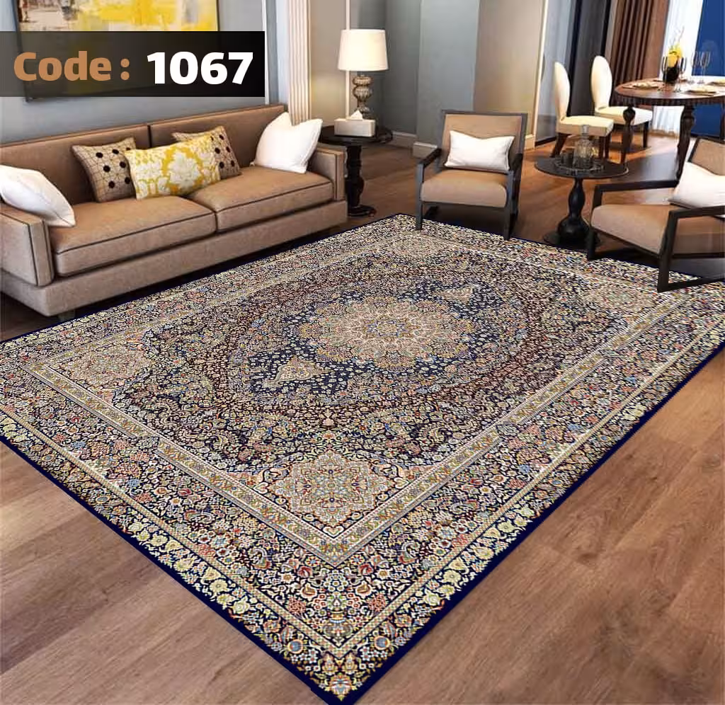کاورفرش روفرشی دورکشدار گوشه لیفه ای لاکی ، آبی و متنوع کد 1067