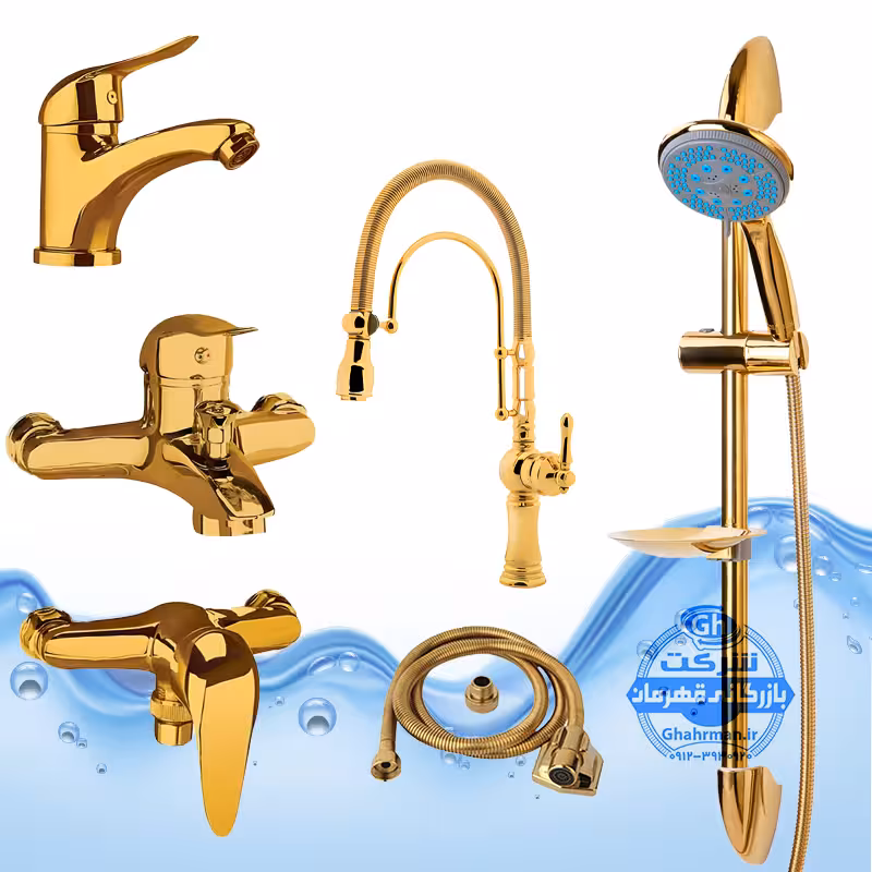 ست 6 عددی شیرآلات برند آیدا صنعت مدل قهرمان | شیر ظرفشویی بیزانس تک‌منظوره   روشویی   حمام   توالت   علم دوش یونیکا   شلنگ توالت | طلایی براق