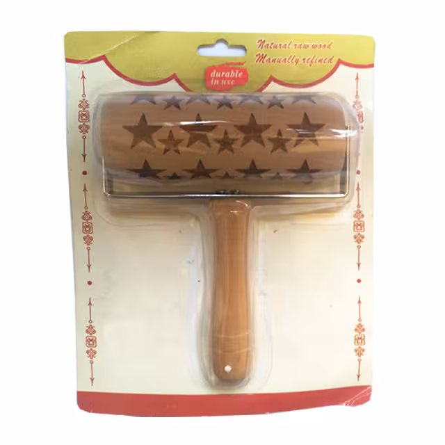 وردنه چوبی فوندانت طرح ستاره 14 سانتی متری