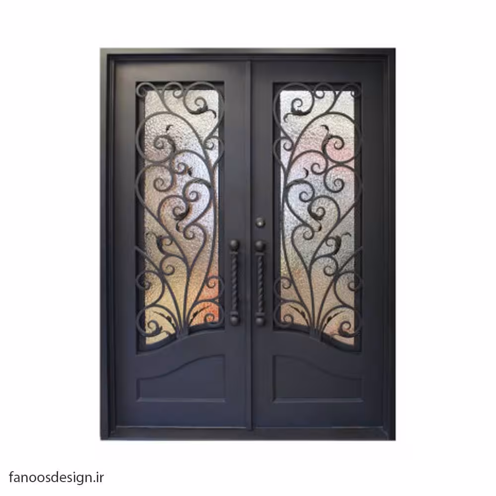 درب فلزی فرفورژه لوکس دو لنگه و شیشه خور کد 1102