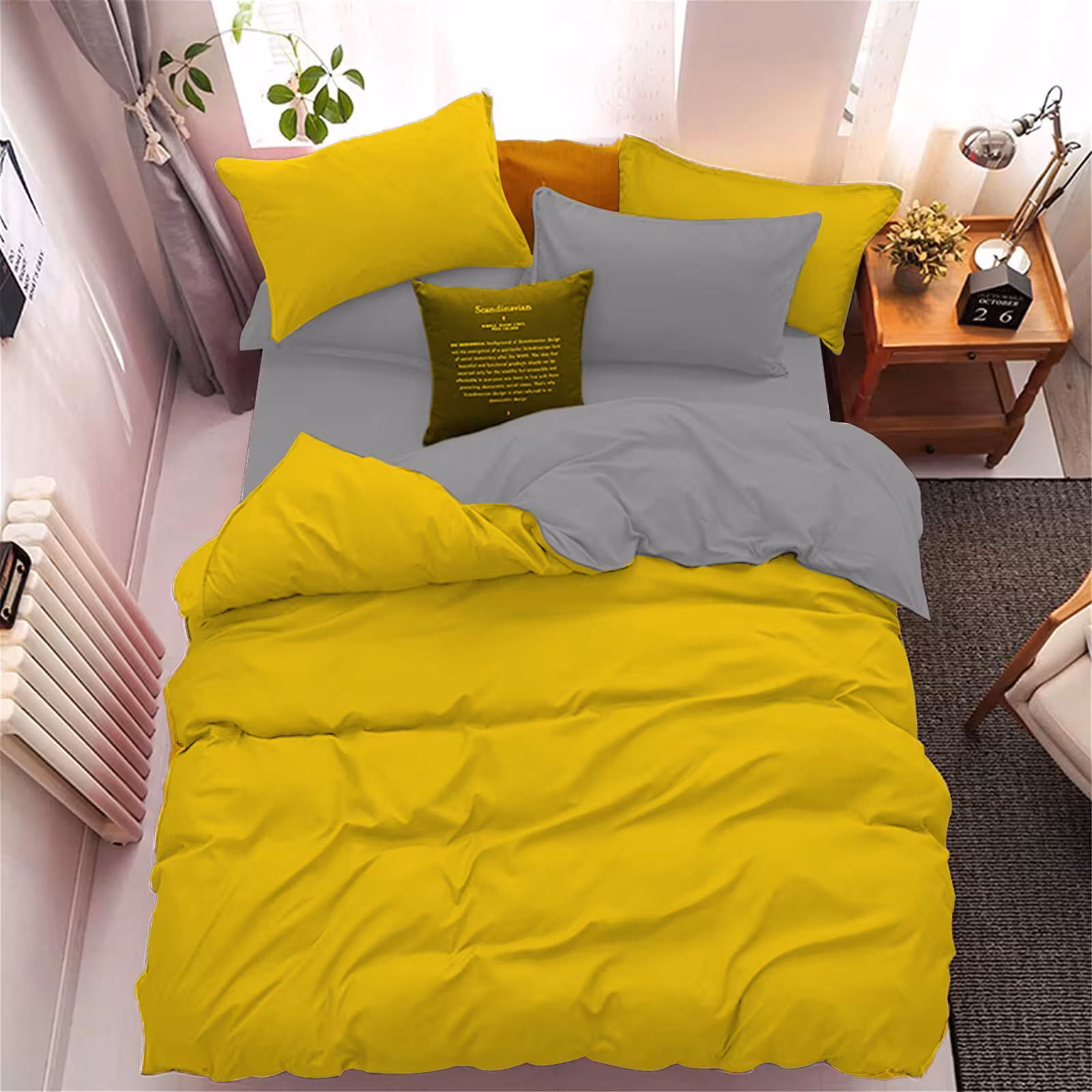 سرویس روتختی کاوری دورنگ چیداری زرد طوسی یک نفره سه تکه