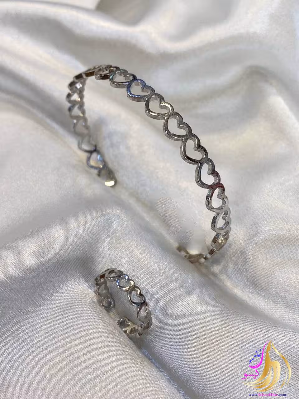 دستبند و انگشتر ست طرح قلب نقره ای