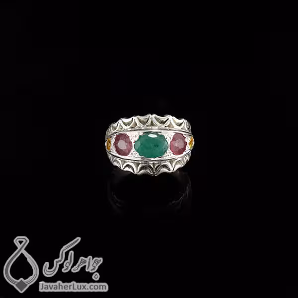 انگشتر نقره مردانه چند جواهر مدل بنشاد _ کد : 100428