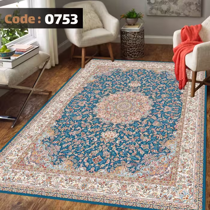 کاورفرش روفرشی دورکشدار گوشه لیفه ای لاکی آبی و متنوع کد 0753