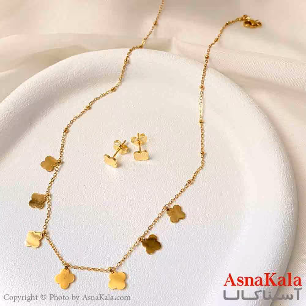 نیم ست زنانه شامل گردنبند و گوشواره استیل مدل شبدر مدرن رنگ طلایی کد NIM14941W