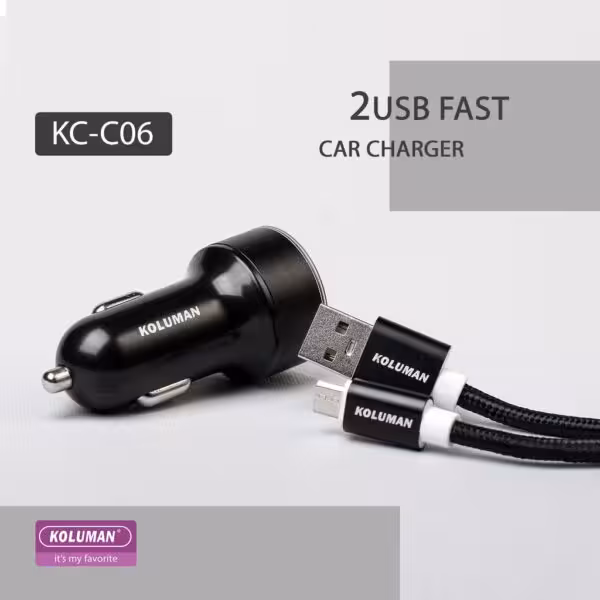 شارژر فندکی کلومن مدل KC-C06 به همراه کابل MICRO USB مشکی گارانتی 12 ماهه تکنوپاز