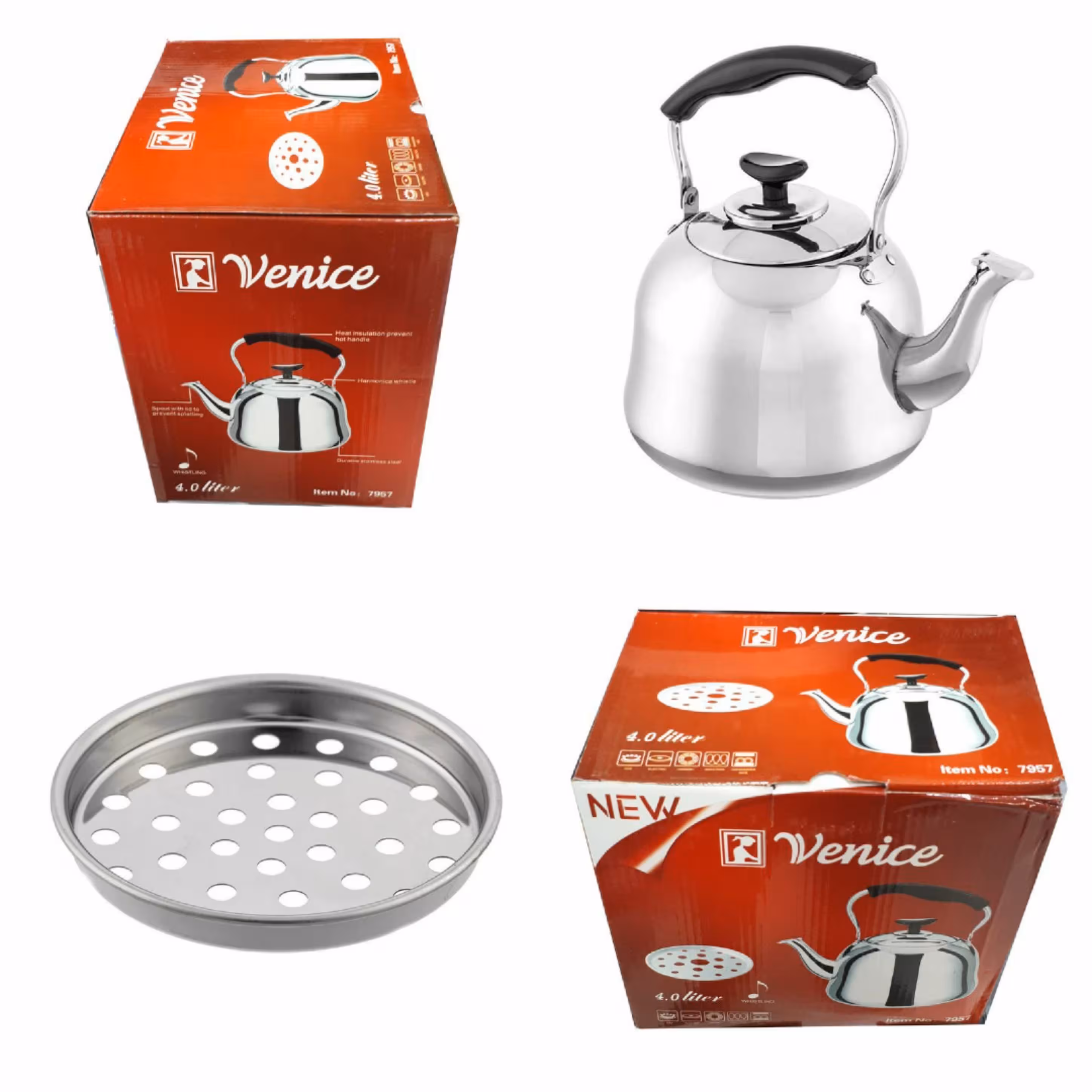 کتری استیل 4 لیتری ونیز Venice

استیل آهنربا نگیر ضدزنگ
دارای درب مجزا و درب شبکه سوراخ دار برای قرار دادن قوری روی کتری