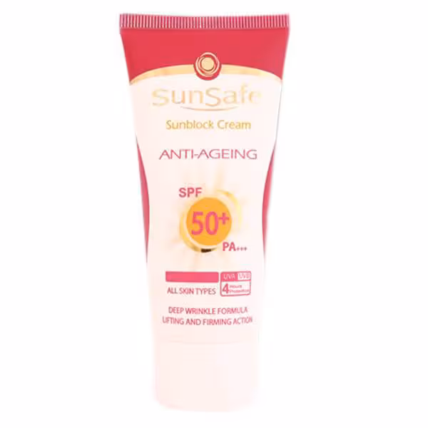 کرم ضد آفتاب و ضد چروک سان سیف بی رنگ Sunsafe Sunblock Cream Anti-Ageing SPF50