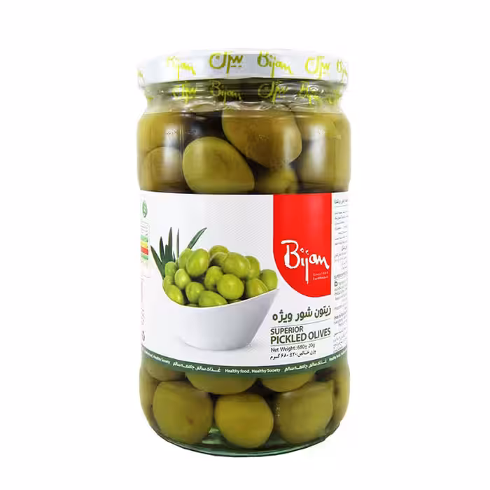 زیتون شور ویژه درشت سبز با هسته بیژن 680 گرمی