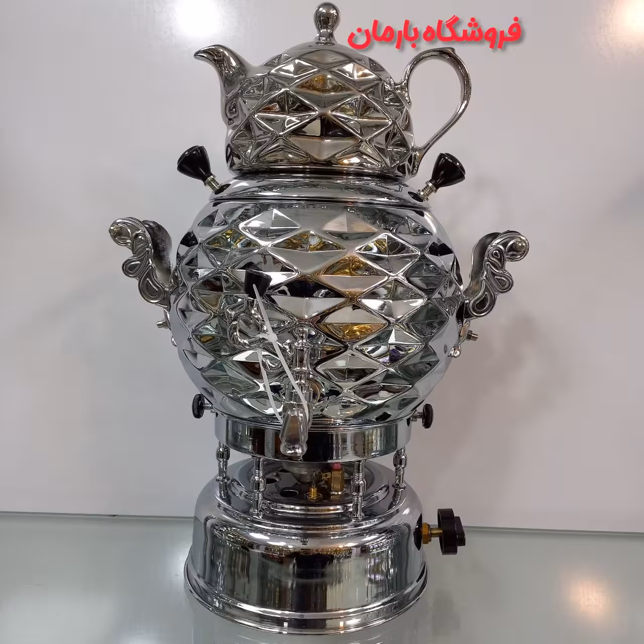 سماور گازی سیلور مدل توپی کروم اینه دار ترموکوپل دار