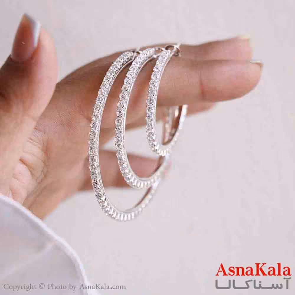 گوشواره جواهری مدل حلقه ای نگیندار رنگ نقره ای کد GSH151974W