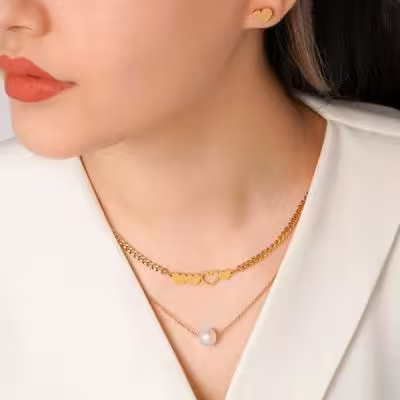 نیم ست ترکیب مروارید با قلب طلایی