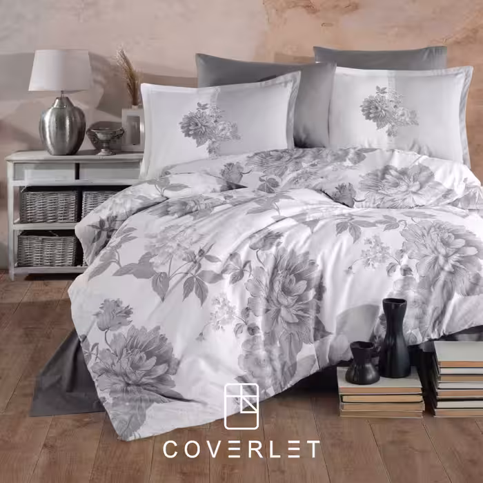 روتختی سفید طوسی طرح گل کاوری دونفره مدل Rohan