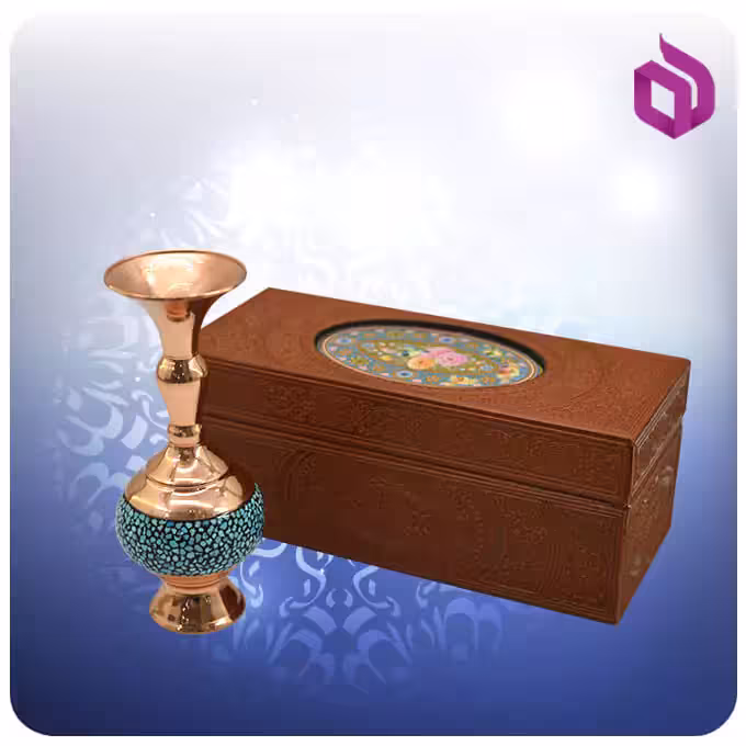 شلغمی مس و فیروزه کوب 13 سانت شمائی با جعبه ام دی اف چرمی