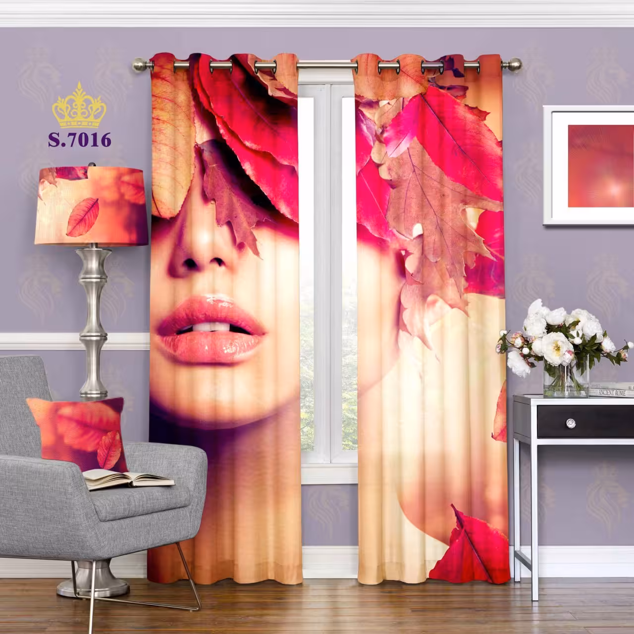 پرده اتاق خواب دخترانه دو قواره طرح چهره کد S7016