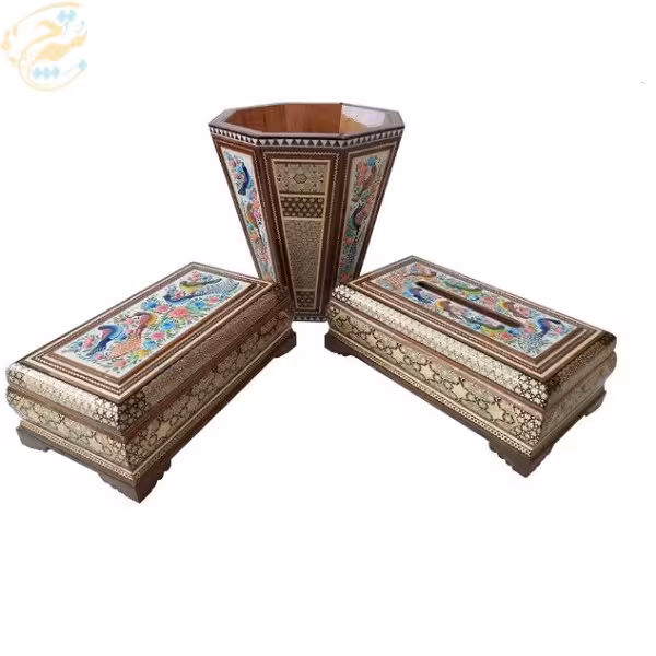 ست سه تیکه خاتم کاری جادستمالی ،جاکاردی،سطل توپی گل و مرغ