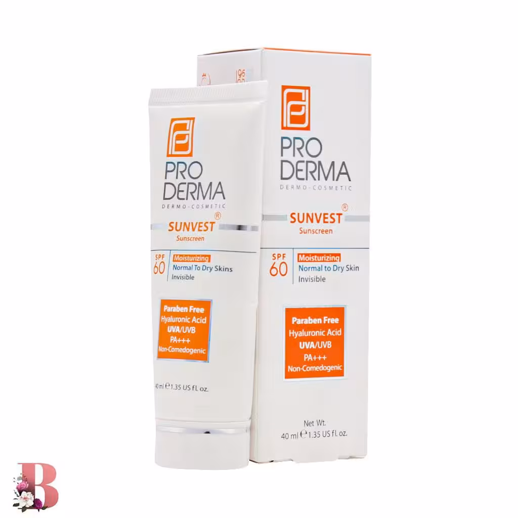 ضد آفتاب و مرطوب کننده بی رنگ پرودرما SPF 60 مدل Moisturizing حجم 40 میلی لیتر | Proderma Sunvest Sunscreen SPF60 Moisturizing Normal To Dry Skins Invisible 40 ml
