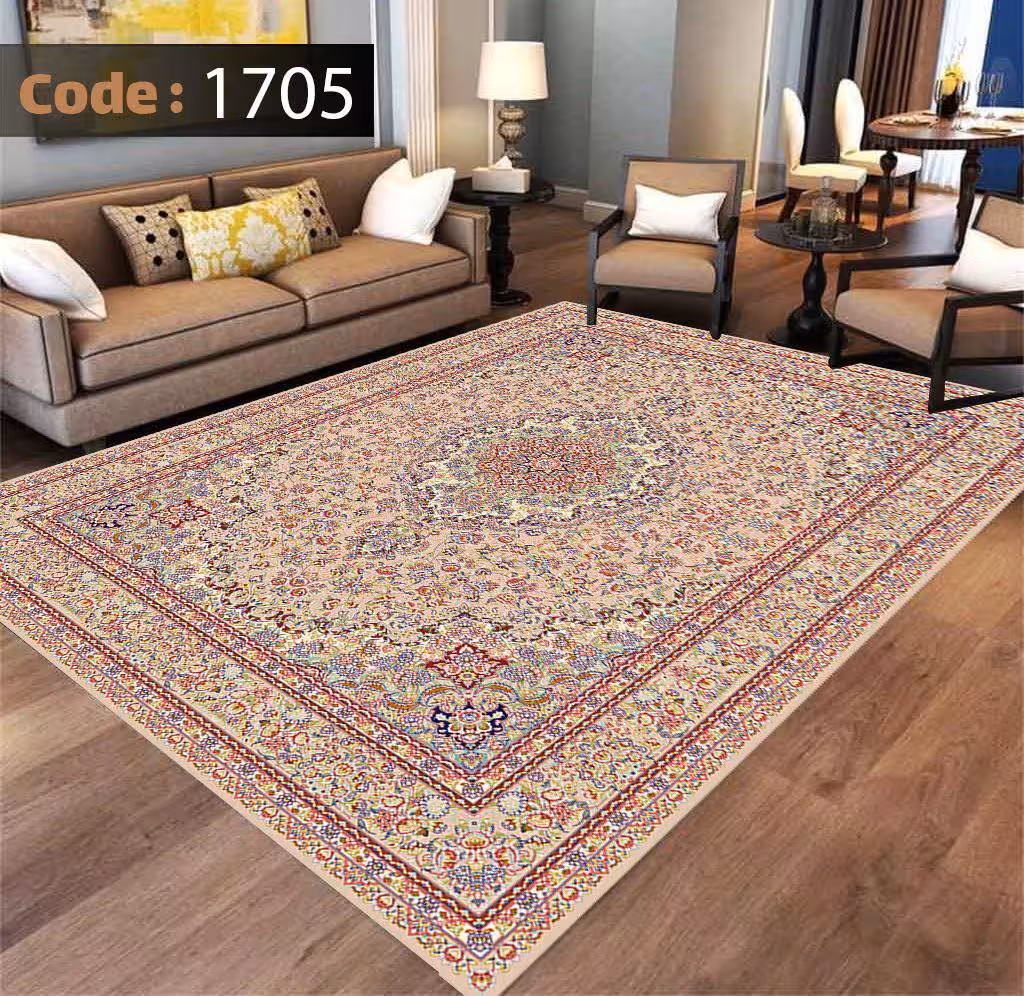کاورفرش روفرشی دورکشدار گوشه لیفه ای کرم  قهوه ای کد 1705