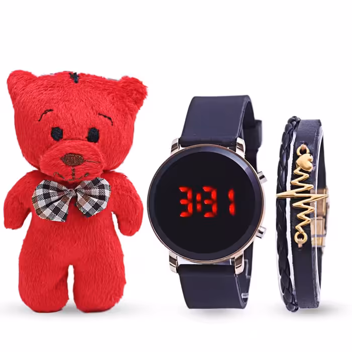 پک هدیه اسپرت مدل 671 دارای ساعت مچی دستبند چرمی و عروسک خرسی قرمز