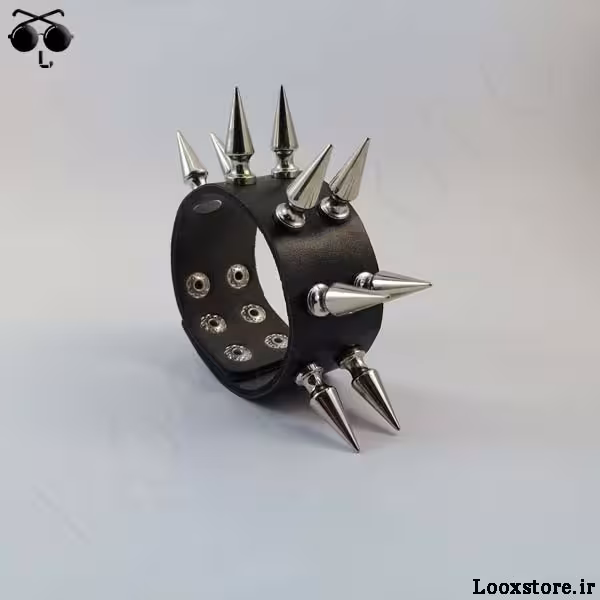 دستبند چرم تیغ دار دو ردیف اسپایک درشت