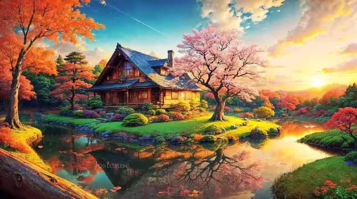 تابلو نقاشی با الماس بومدار طرح کلبه در جنگل پاییز
