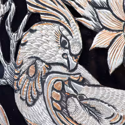 تابلو قلمزنی مدل الیپس قاب خاتم و نقاشی طرح گل و مرغ برجسته کد 55p66-3f4Bl