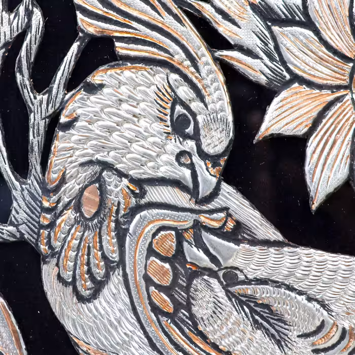 تابلو قلمزنی مدل الیپس قاب خاتم و نقاشی طرح گل و مرغ برجسته کد 55p66-3f4Bl