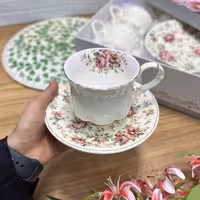 ست چایخوری 12 پارچه گل‌دار کد 6113 | فنجان و نعلبکی چینی طرح گل‌های صورتی