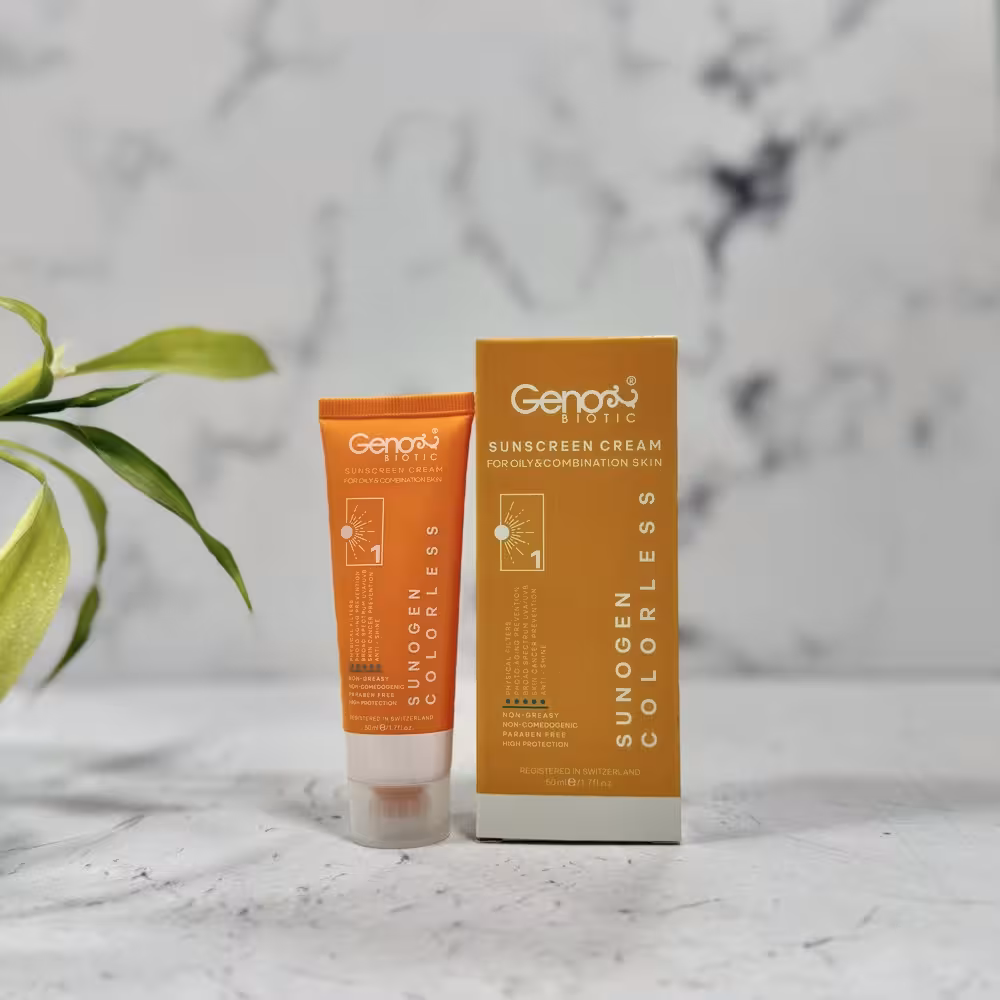 کرم ضد آفتاب بی رنگ SPF50 ژنوبایوتیک پوست چرب و مختلط 50 میلی لیتر