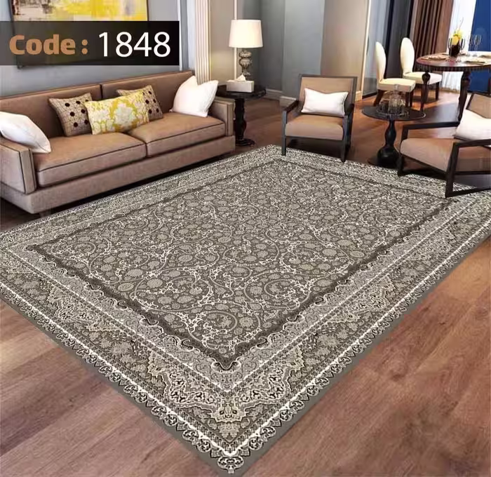 کاورفرش روفرشی دورکشدار گوشه لیفه ای طوسی کرم کد 1848