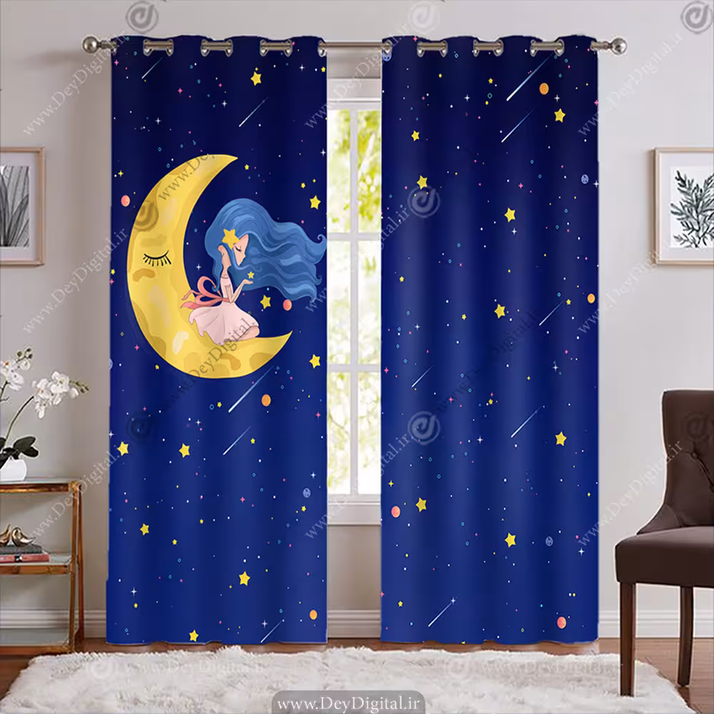 پرده چاپی ماه و ستاره ای طرح پرنسس روی ماه با زمینه سرمه ای WA-2191