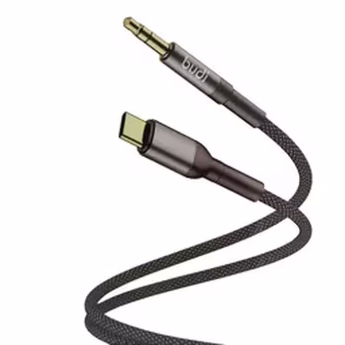 کابل تبدیل AUX به USB-C، طول 1.2 متر، روکش کنفی، مدل Budi DC131TX12A