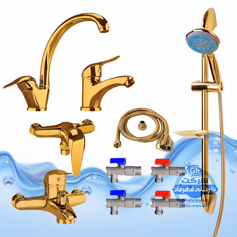 ست 10 عددی شیرآلات برند آیدا صنعت مدل قهرمان اردکی | شیر ظرفشویی   شیر روشویی   شیر حمام   شیر توالت   علم دوش یونیکا   شلنگ توالت   چهار عدد شیر پیسوار | طلایی براق