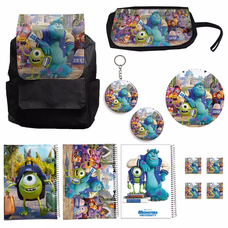 کوله پشتی مدل دانشگاه هیولاها کد2 به همراه دفتر مشق و جامدادی و زیر لیوانی و جاکلیدی مجموعه 12 عددی | چاوه