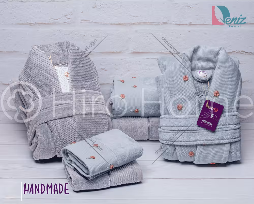 حوله ست دو نفره HANDMADE رنگ نقرابی و فیلی