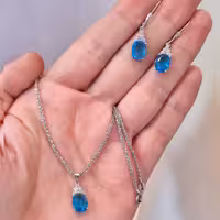 نیمست  نقره (با زنجیر) بلوتوپاز ایتالیایی با عیار 925 و آبکاری طلاسفید همراه با فاکتور