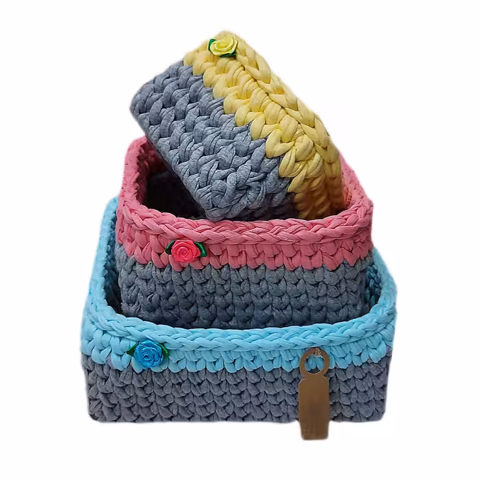 سبد قلاب بافی تریکو طرح مربع کد 01 مجموعه 3 عددی